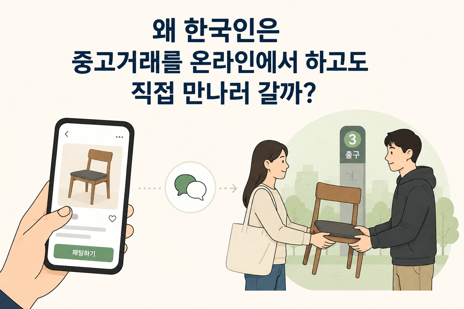 스마트폰으로 중고거래를 한 뒤 지하철역에서 직접 만나 물건을 주고받는 모습