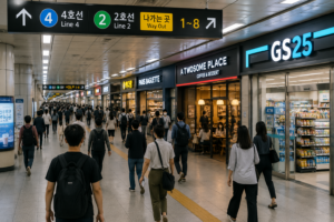 지하철역 가게와 사람들이 오가는 한국 지하철역