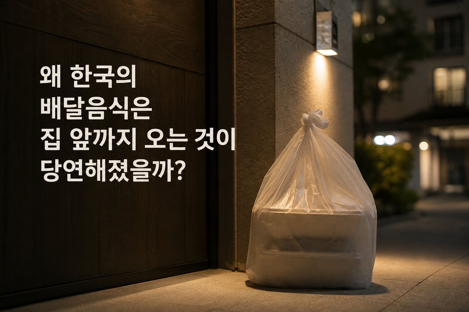 한국 배달음식이 아파트 현관 앞에 도착한 모습