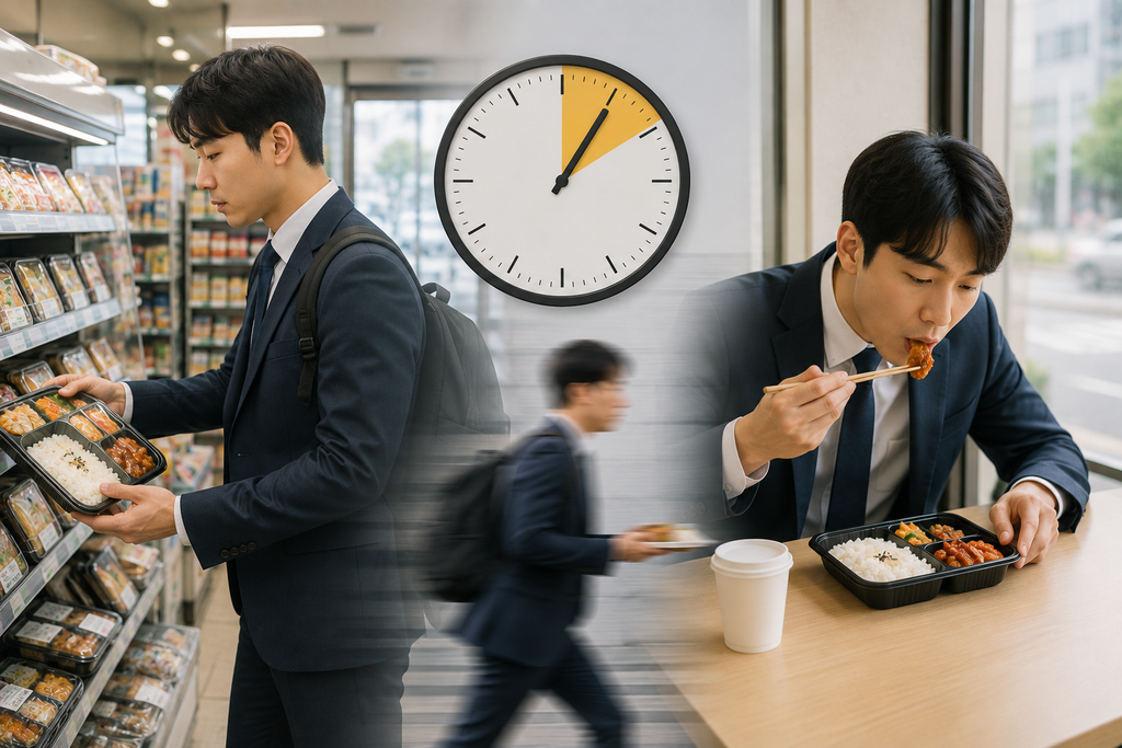 편의점 도시락으로 빠르게 식사하는 직장인